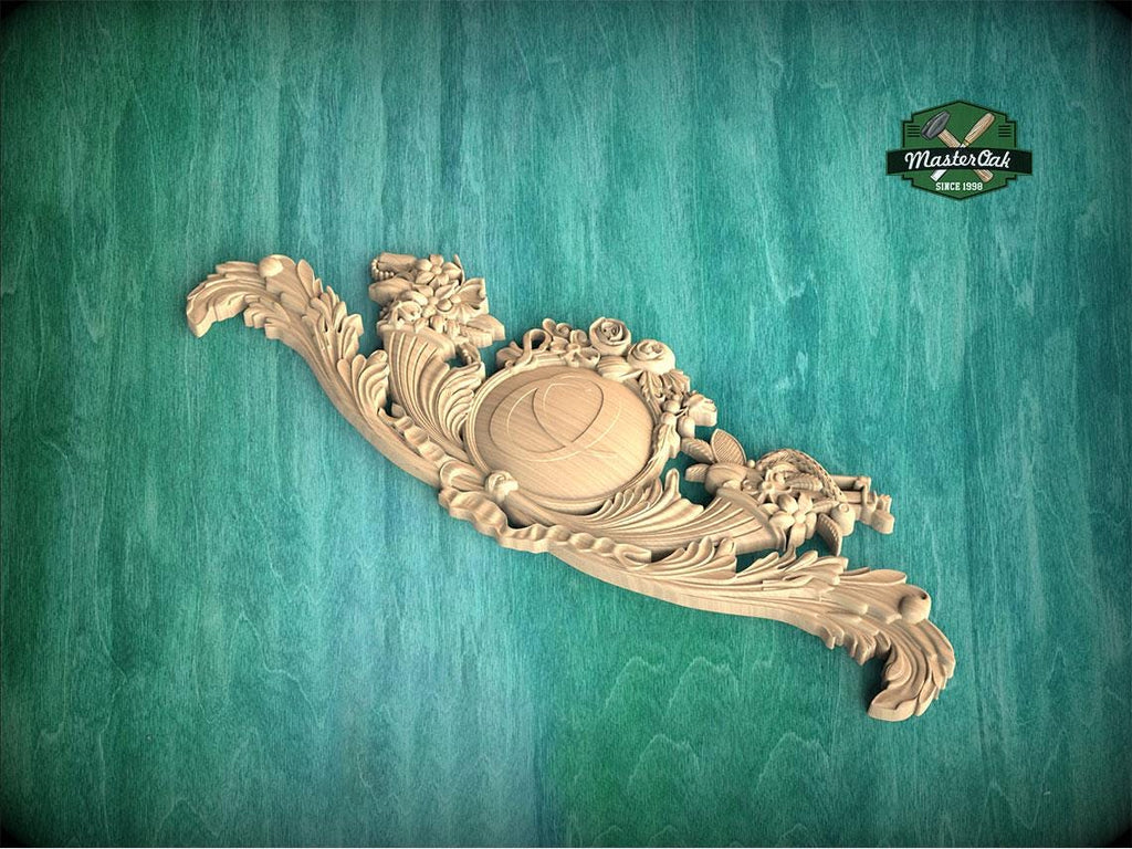 Personalized Romantic Floral Carved Wood Onlay with Central Medallion, Elegance Wood Applique, Furniture Carving, Wood Onlay, 1pc, Unpainted