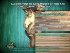 The image is an advertisement for a product that allows customers to save money by painting the product themselves. It features a wooden horse head and a wooden plank, with text providing details about the product.
