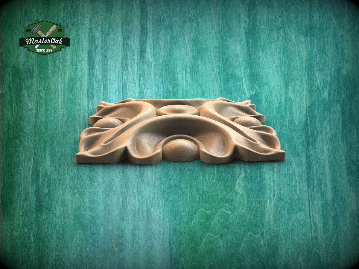 A wooden carving or sculpture is displayed against a green background.