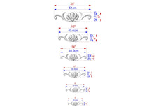 Load image into Gallery viewer, a series of six different sizes of a decorative element, likely a flower or a similar design, with corresponding measurements provided in centimeters.
