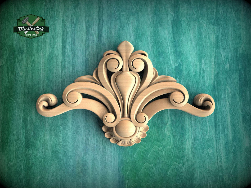 A decorative wooden carving with an intricate, ornate design is displayed against a green background.