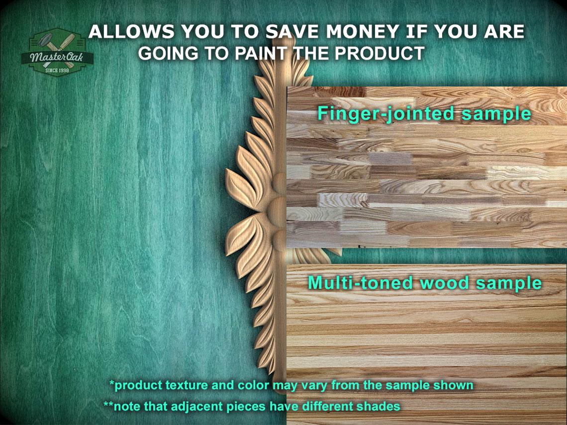 The image is a promotional image for Master Oak Paint, showcasing a variety of wood samples. It features a green wooden background with a wooden leaf design, and the text highlights the benefits of painting the product, such as saving money and the ability to customize the product's texture and color. The image also includes a sample of a finger-jointed wood sample and a multi-toned wood sample, demonstrating the different shades and finishes available.