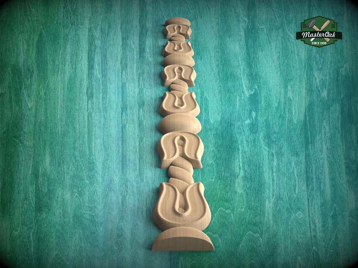 A wooden carving of a tall, slender figure with a pointed head and a curved body, set against a green background.