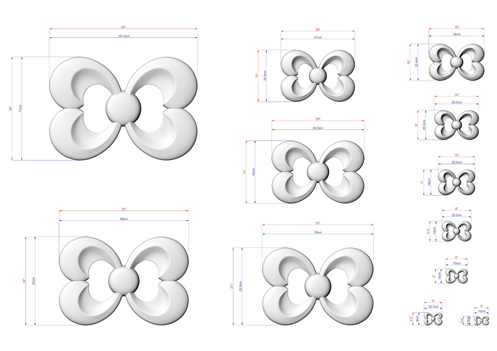 a collection of various sizes of white, stylized butterfly-like shapes, each accompanied by its own set of measurements and dimensions.