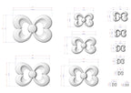 a collection of various sizes of white, stylized butterfly-like shapes, each accompanied by its own set of measurements and dimensions.