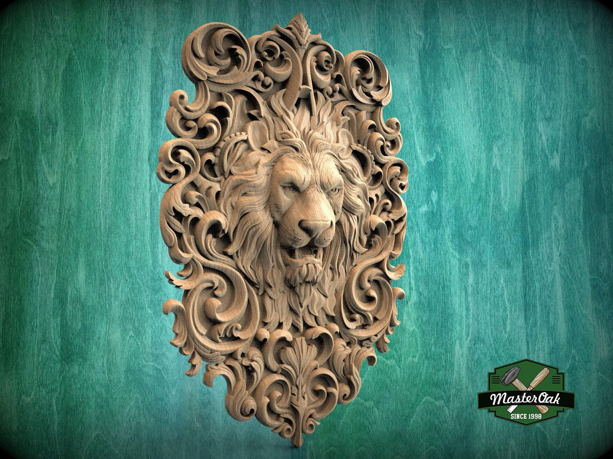 Majestic Carved Lion Head Wood Applique – Baroque Scrollwork Home Accent