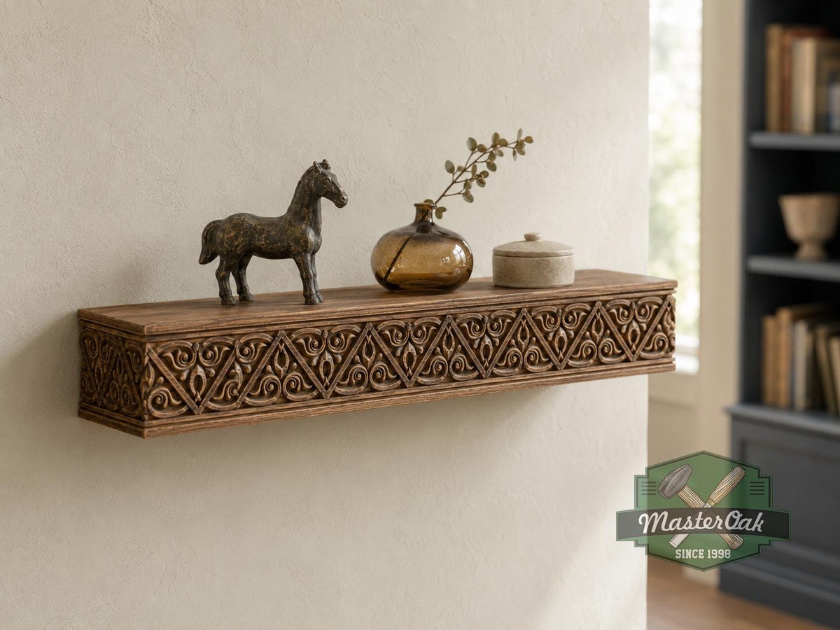 Carved Solid Oak Wall Shelf with Gothic Arch Pattern, Ornate Floating Shelf, Decorative Wood Display Shelf, Medieval Home Decor