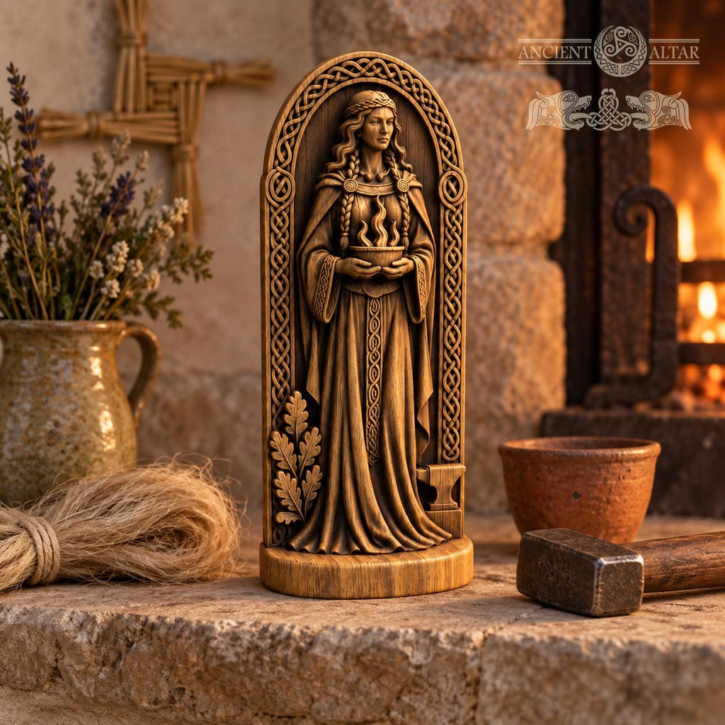 Brigid Statue with Sacred Flame and Anvil, Wooden Celtic Goddess Figurine, Imbolc Altar Decor, Irish Pagan Smithcraft Gift