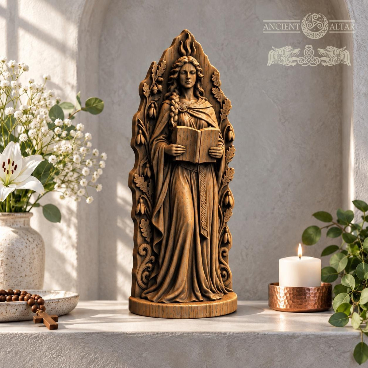 Brigid Goddess Statue with Book and Sacred Flame, Wooden Celtic Deity Figurine, Imbolc Altar Decor, Irish Pagan Gift