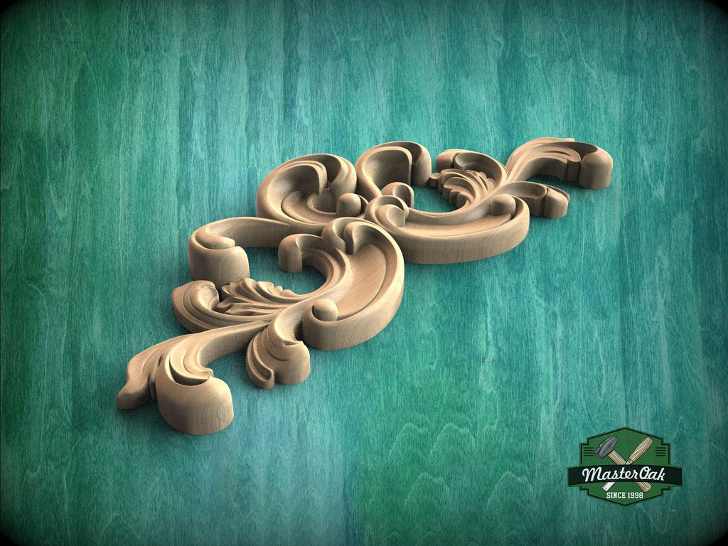 A decorative wooden carving with intricate scrollwork is displayed against a green background.