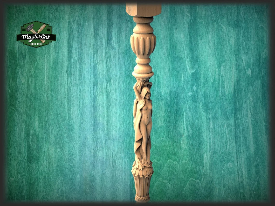 Custom order. #1 Baluster with women, set of 10 pcs, Height 90 cm, Material: finger-joined multi-toned oak