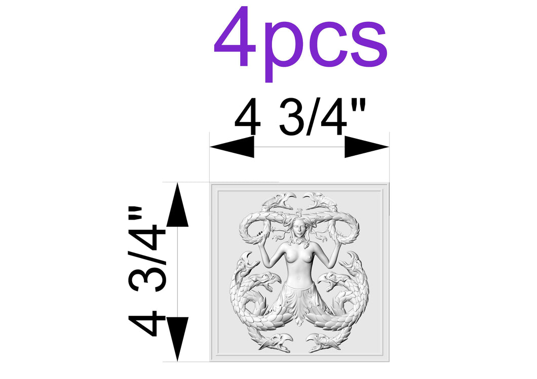 Custom order. Gorgona Medusa carved square rosette, 4 pcs, 4-3/4x4-3/4 inches, Multi-toned wood, Unpainted