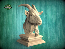 Load image into Gallery viewer, Goat Wooden Finial for Staircase Newel Post, Goat finial bed post, Goat statue of wood, Wooden Goatt statue cap
