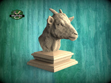 Load image into Gallery viewer, Young Goat Wooden Finial for Staircase Newel Post, Juvenile Goat finial bed post, Goat statue of wood, Wooden Goatt statue cap
