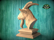 Load image into Gallery viewer, Goat Wooden Finial for Staircase Newel Post, Goat finial bed post, Goat statue of wood, Wooden Goatt statue cap
