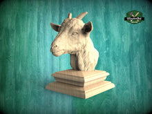 Load image into Gallery viewer, Young Goat Wooden Finial for Staircase Newel Post, Juvenile Goat finial bed post, Goat statue of wood, Wooden Goatt statue cap
