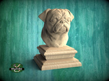 Load image into Gallery viewer, Pug bust made of wood, Unpainted, Pug Wooden Finial for Staircase Newel Post, Pug finial bed post
