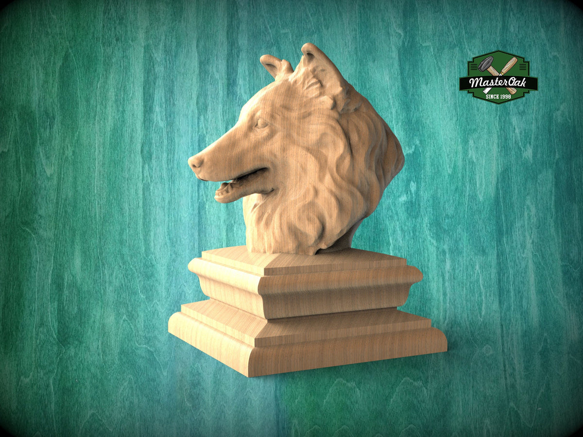 Sheltie bust made of wood, Unpainted, Sheltie Wooden Finial for Staircase Newel Post, Sheltie finial bed post