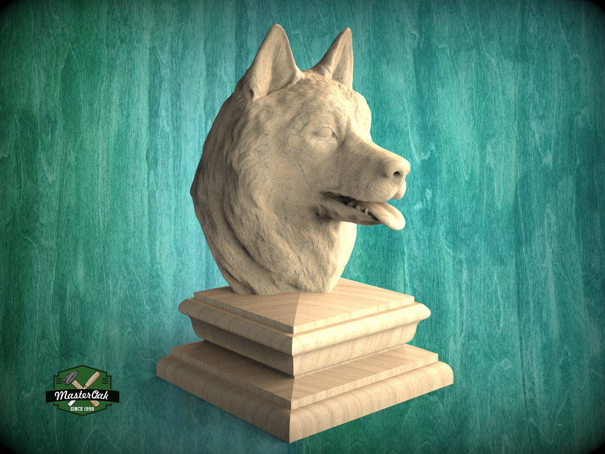 Husky wooden statue, Husky finial bed post, Husky statue of wood, Wooden dog statue cap