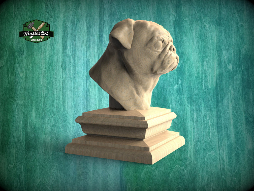 Pug bust made of wood, Unpainted, Pug Wooden Finial for Staircase Newel Post, Pug finial bed post