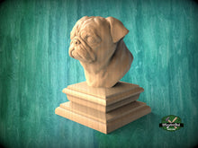 Load image into Gallery viewer, Pug bust made of wood, Unpainted, Pug Wooden Finial for Staircase Newel Post, Pug finial bed post
