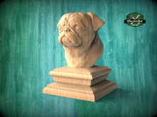 Load image into Gallery viewer, Pug bust made of wood, Unpainted, Pug Wooden Finial for Staircase Newel Post, Pug finial bed post
