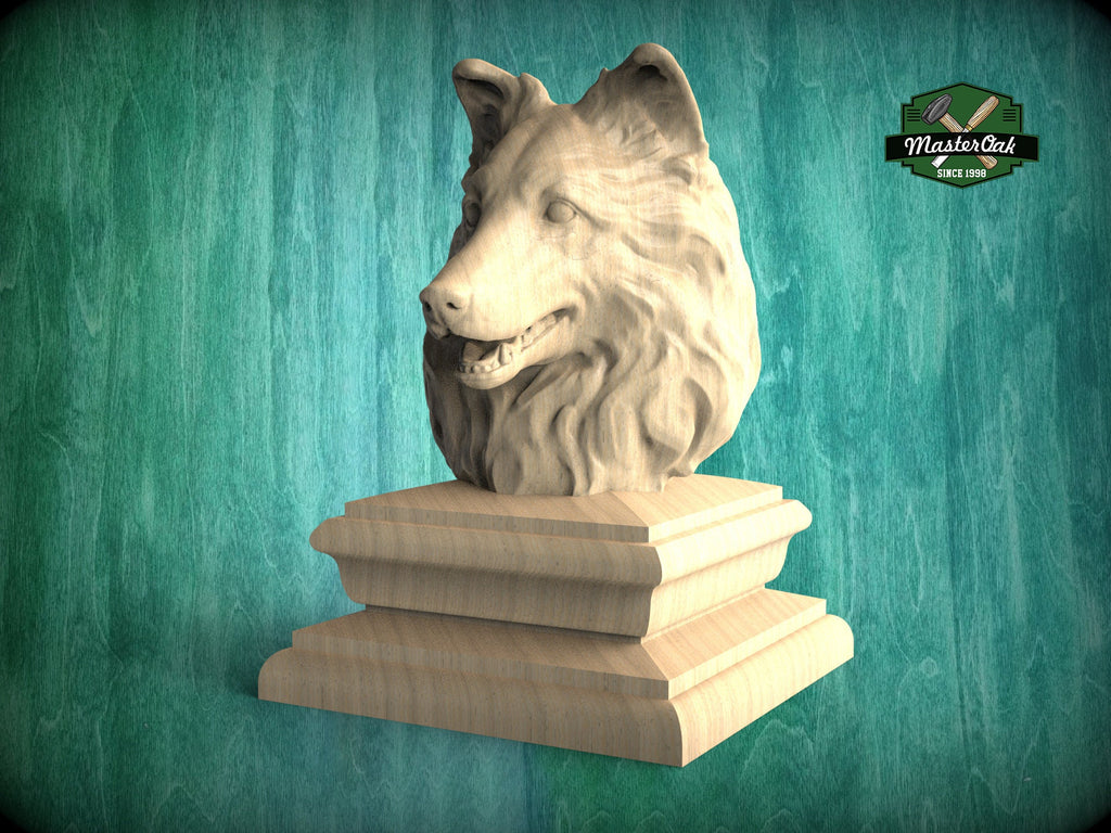 Sheltie bust made of wood, Unpainted, Sheltie Wooden Finial for Staircase Newel Post, Sheltie finial bed post