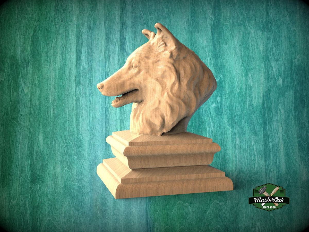 Sheltie bust made of wood, Unpainted, Sheltie Wooden Finial for Staircase Newel Post, Sheltie finial bed post