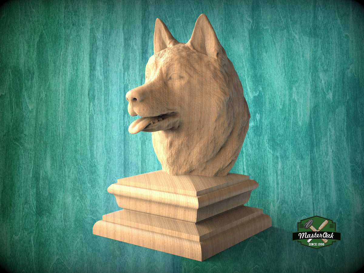 Husky wooden statue, Husky finial bed post, Husky statue of wood, Wooden dog statue cap