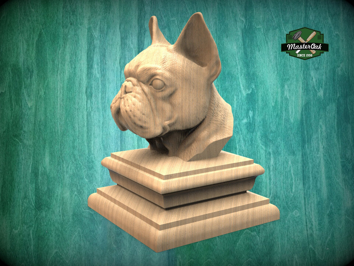 French Bulldog bust made of wood, Unpainted, French Bulldog Wooden Finial for Staircase Newel Post, French Bulldog finial bed post