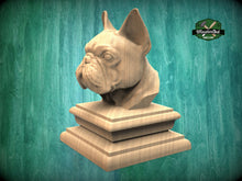 Load image into Gallery viewer, French Bulldog bust made of wood, Unpainted, French Bulldog Wooden Finial for Staircase Newel Post, French Bulldog finial bed post
