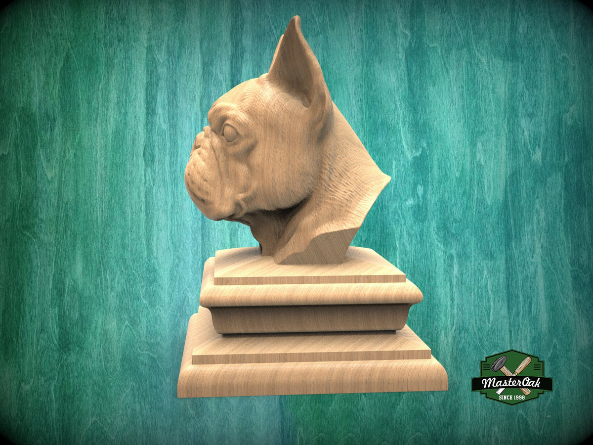 French Bulldog bust made of wood, Unpainted, French Bulldog Wooden Finial for Staircase Newel Post, French Bulldog finial bed post