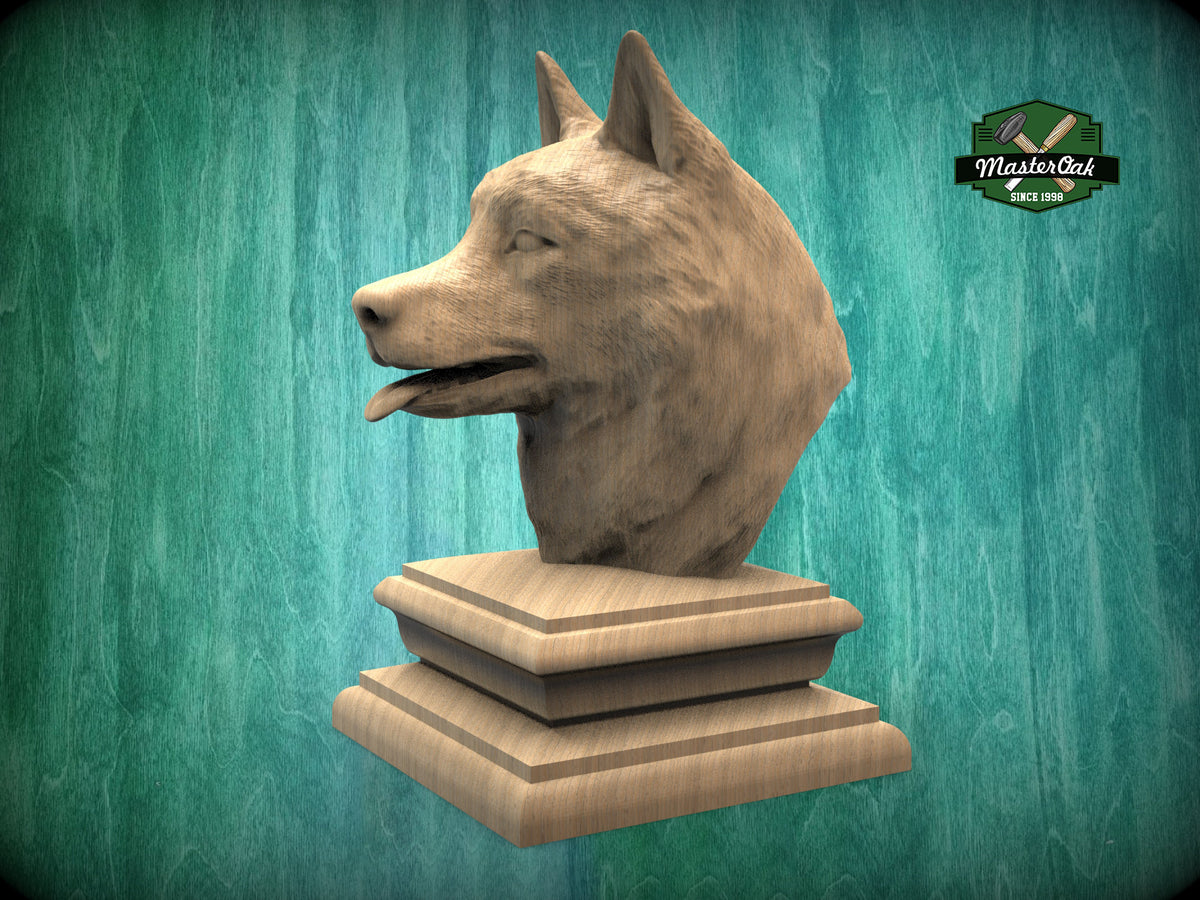 Husky wooden statue, Husky finial bed post, Husky statue of wood, Wooden dog statue cap