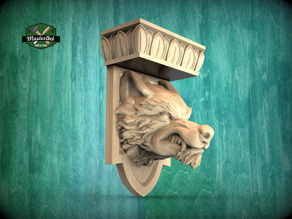 Angry Wolf Head Corbel - Intricately Carved Wooden Wolf Shelf Bracket, Majestic Wolf Wall Accent for Rustic Interiors