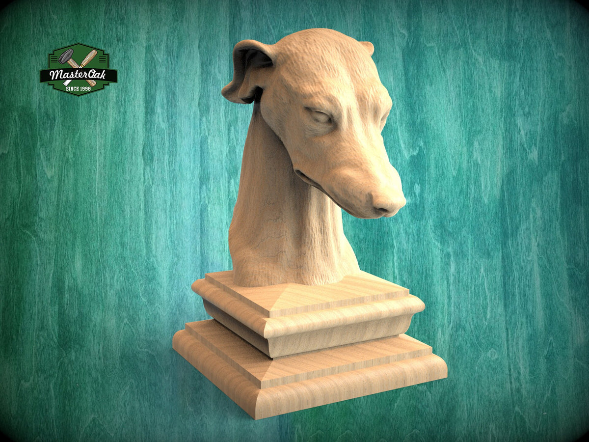 Greyhound wooden statue, Greyhound finial bed post, Greyhound statue of wood, Wooden dog statue cap