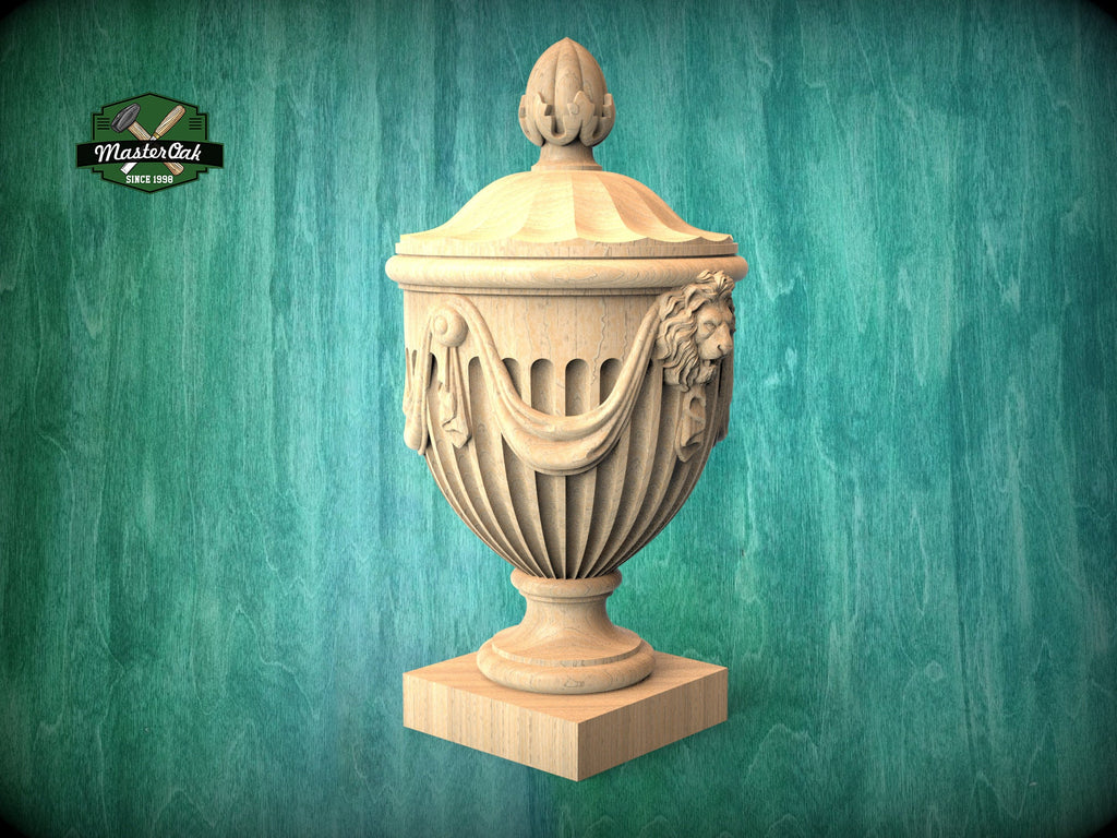 Handcrafted Wooden Classical Urn with Lion's Head Relief - Decorative Neoclassical Vase