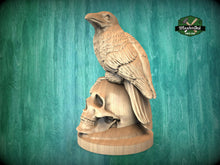 Load image into Gallery viewer, Handcrafted Wooden Raven &amp; Skull Statue - Intricate Gothic Home Decor, Unpainted Indoor Ornament, Unique Artistic Creation
