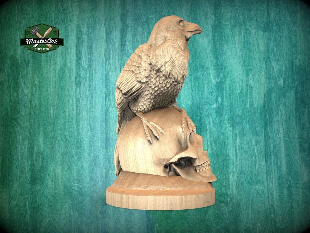 Handcrafted Wooden Raven & Skull Statue - Intricate Gothic Home Decor, Unpainted Indoor Ornament, Unique Artistic Creation