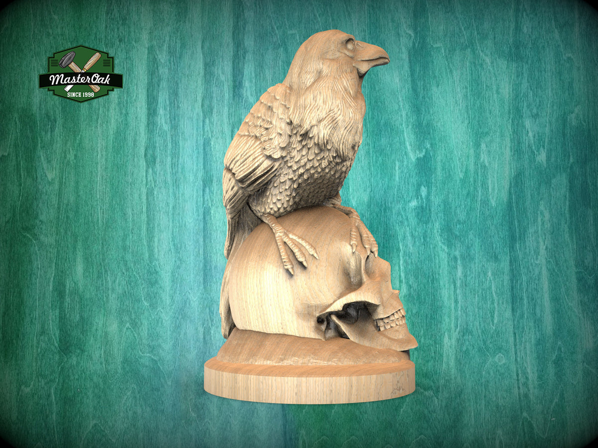 Handcrafted Wooden Raven & Skull Statue - Intricate Gothic Home Decor, Unpainted Indoor Ornament, Unique Artistic Creation