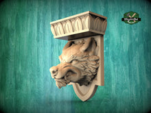 Load image into Gallery viewer, Angry Wolf Head Corbel - Intricately Carved Wooden Wolf Shelf Bracket, Majestic Wolf Wall Accent for Rustic Interiors
