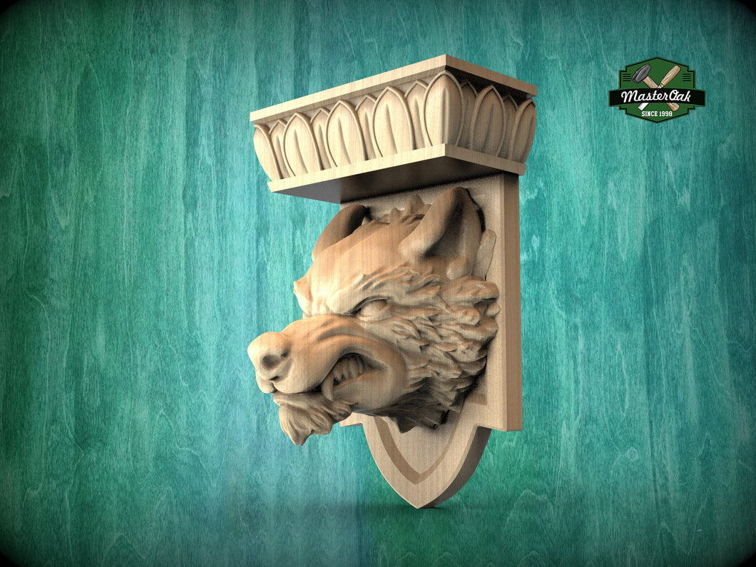 Angry Wolf Head Corbel - Intricately Carved Wooden Wolf Shelf Bracket, Majestic Wolf Wall Accent for Rustic Interiors