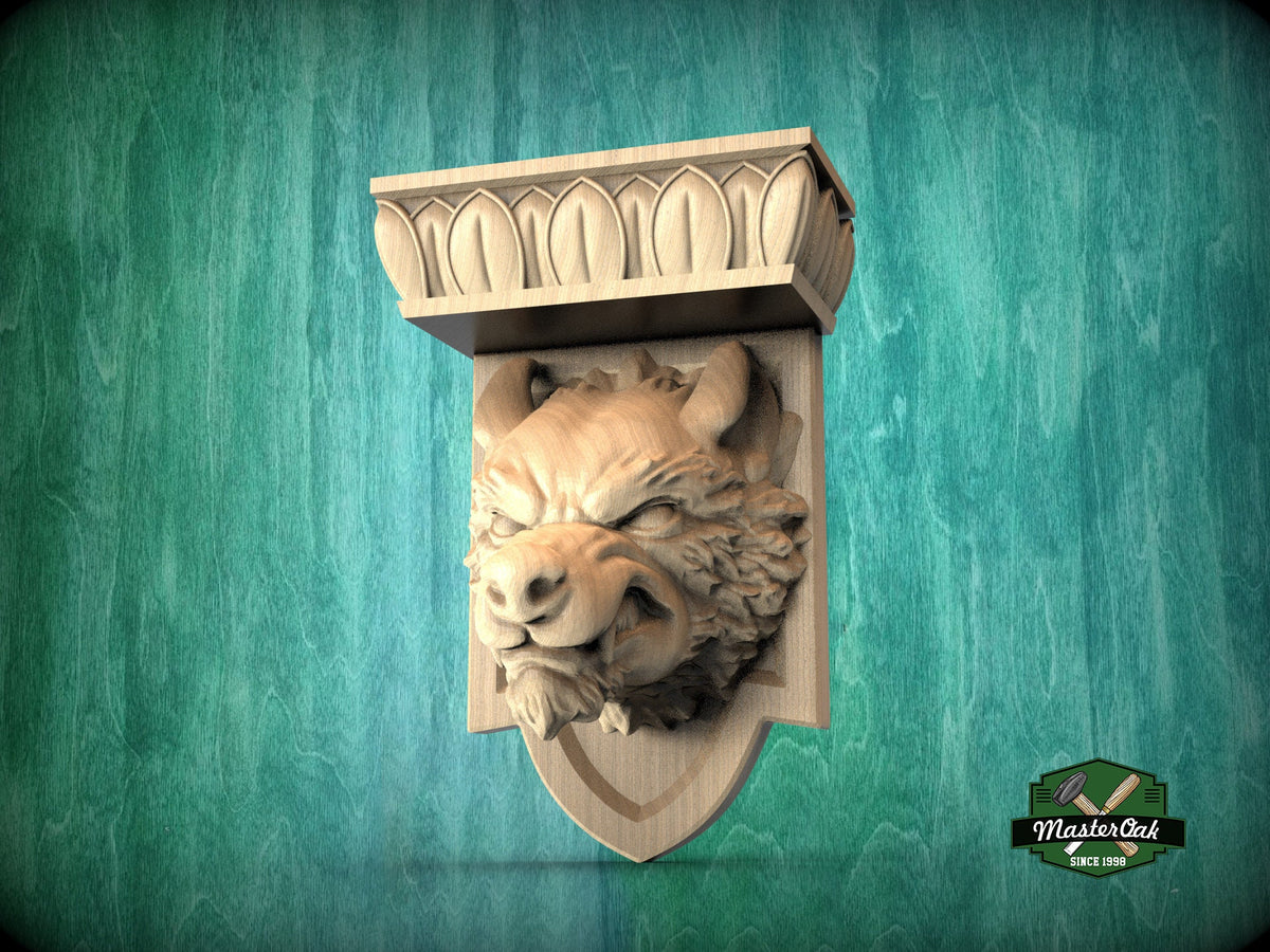 Angry Wolf Head Corbel - Intricately Carved Wooden Wolf Shelf Bracket, Majestic Wolf Wall Accent for Rustic Interiors