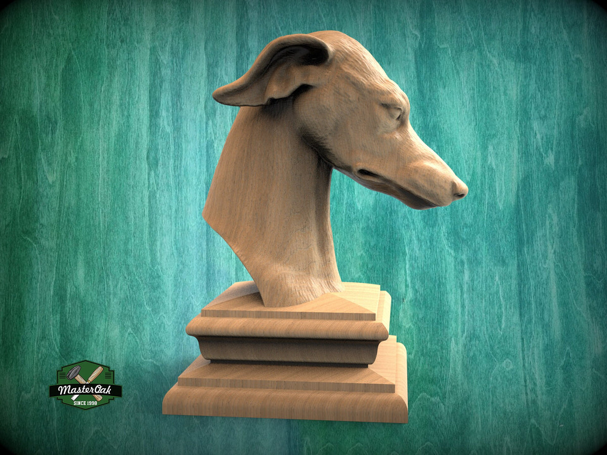 Greyhound wooden statue, Greyhound finial bed post, Greyhound statue of wood, Wooden dog statue cap