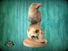 Load image into Gallery viewer, Handcrafted Wooden Raven &amp; Skull Statue - Intricate Gothic Home Decor, Unpainted Indoor Ornament, Unique Artistic Creation
