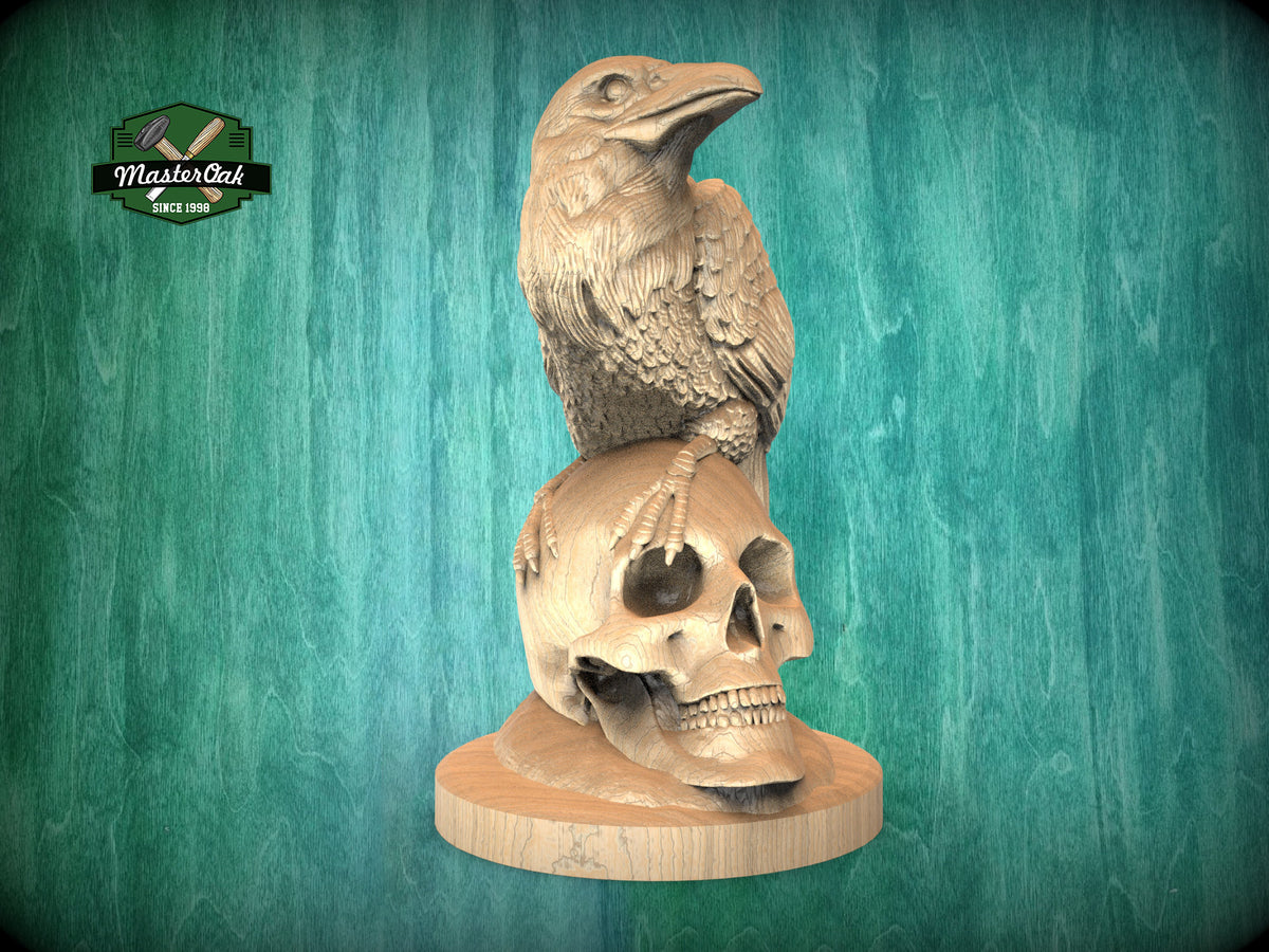 Handcrafted Wooden Raven & Skull Statue - Intricate Gothic Home Decor, Unpainted Indoor Ornament, Unique Artistic Creation