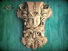 Load image into Gallery viewer, Carved Corbel with Human Face – Classical Decor Accent, Unpainted, Decorative Carved Wooden Corbel, 1pc, wood onlays, wood wall art decor
