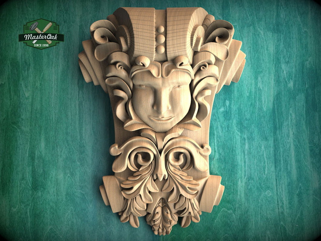 Carved Corbel with Human Face – Classical Decor Accent, Unpainted, Decorative Carved Wooden Corbel, 1pc, wood onlays, wood wall art decor