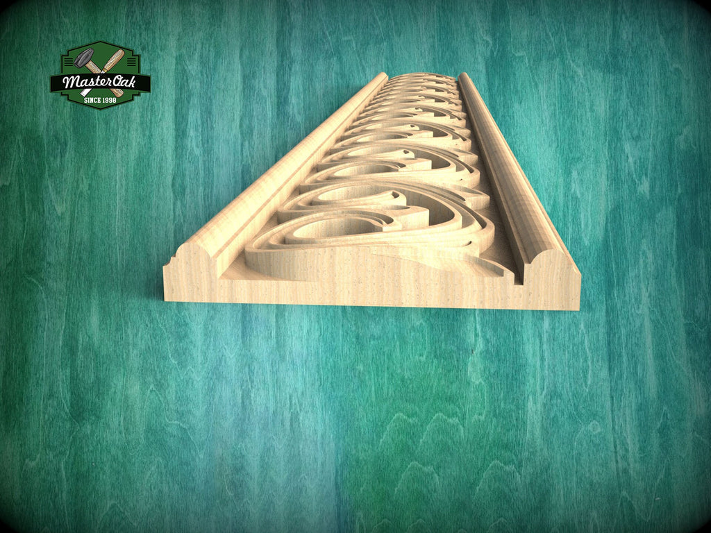 Artistic Carved Wood Moulding with Unique Swirl Motifs,  40" Decorative wooden moulding for cornices and friezes, 1 pc, Unpainted, Baguette