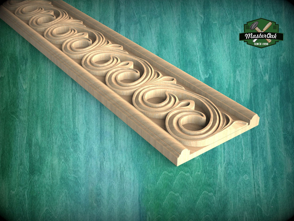 Artistic Carved Wood Moulding with Unique Swirl Motifs,  40" Decorative wooden moulding for cornices and friezes, 1 pc, Unpainted, Baguette
