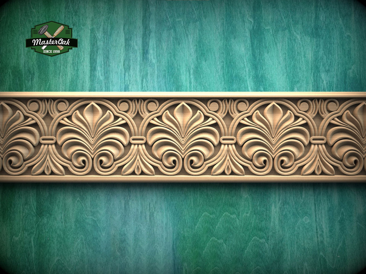 Classic Foliage Frieze Wooden Molding – Symmetrical Carved Design,  40" Intricate Leaf Pattern Wood Molding, 1 pc, Unpainted, Baguette